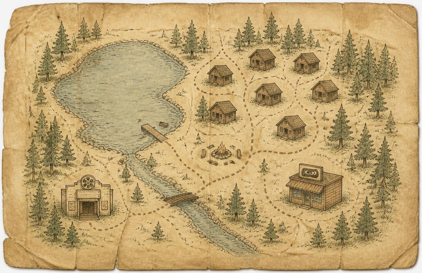 A hand drawn paper map of the camp with a lake, cabins, cinema and video store