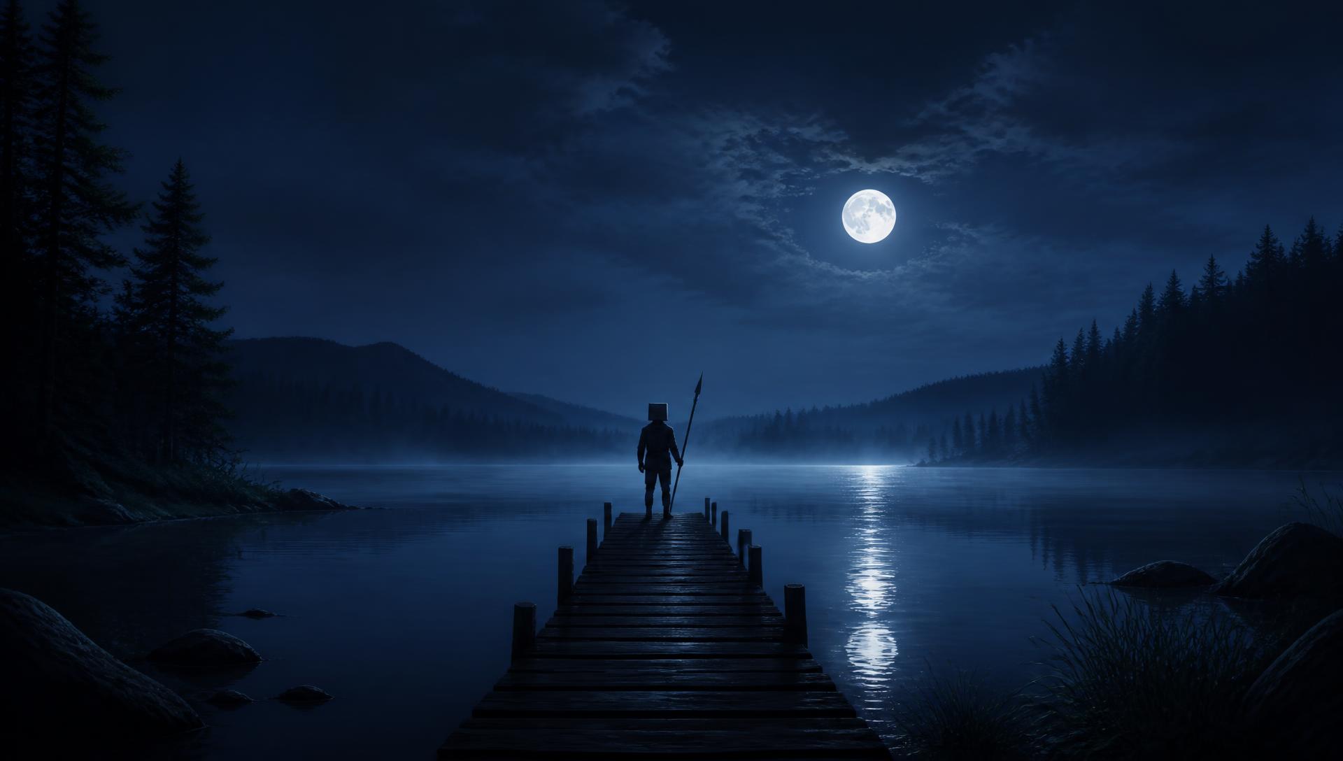 Little Death standing alone at the end of a dock on a moonlit lake