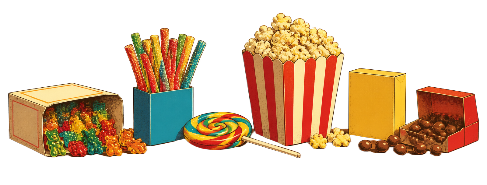 Retro candy, popcorn and movie snacks on a video store counter
