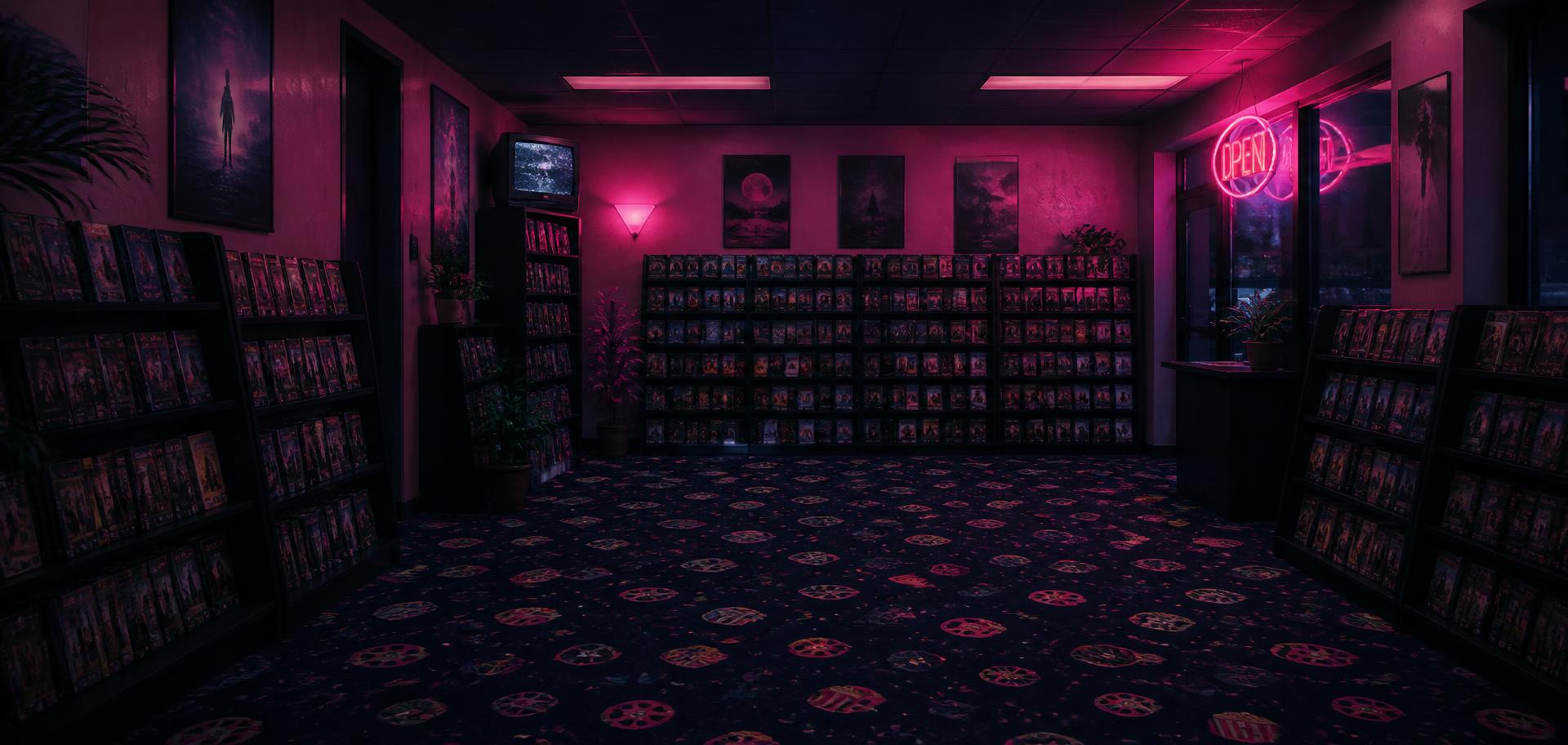 A retro video rental store with pink walls, VHS shelves and a neon OPEN sign